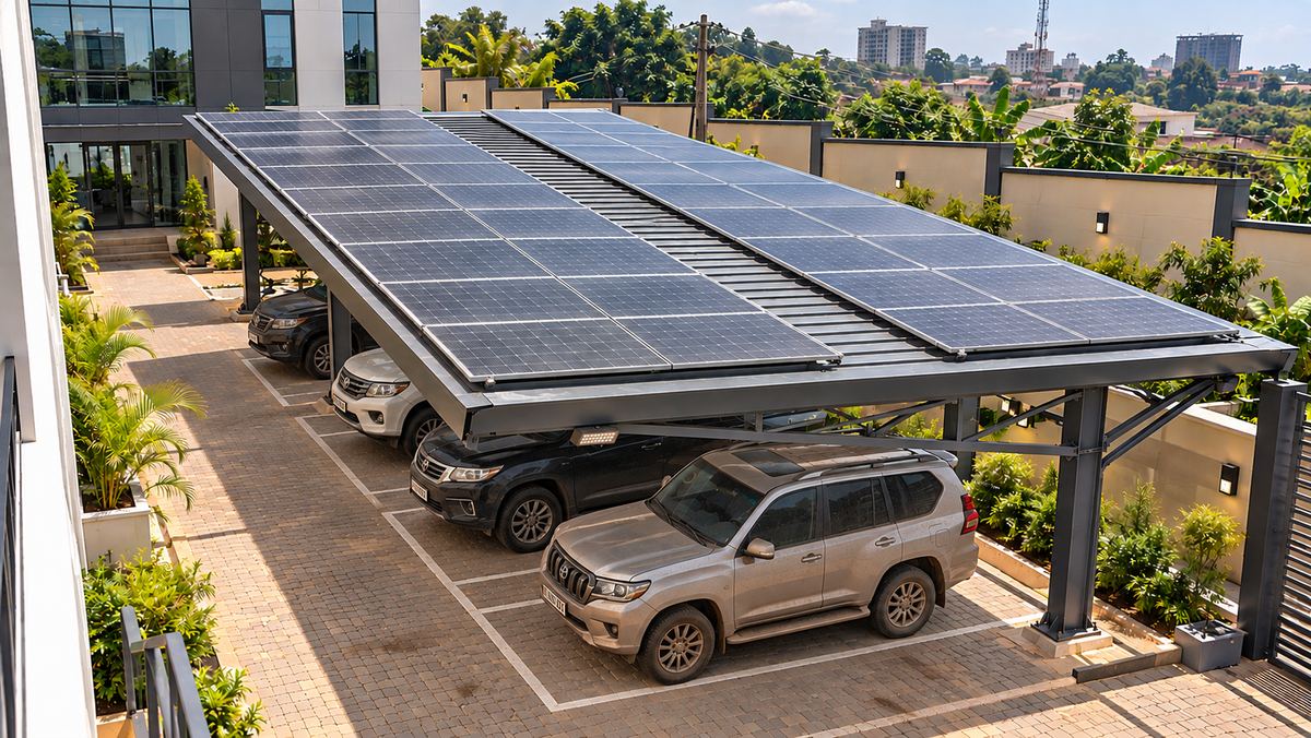 Solar canopy over a paved parking area beside an office building in Kampala