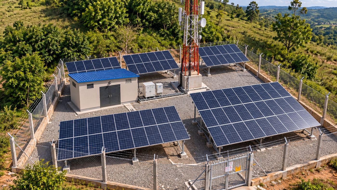 Fenced hilltop telecom tower site with five ground-mounted solar arrays and an equipment shelter